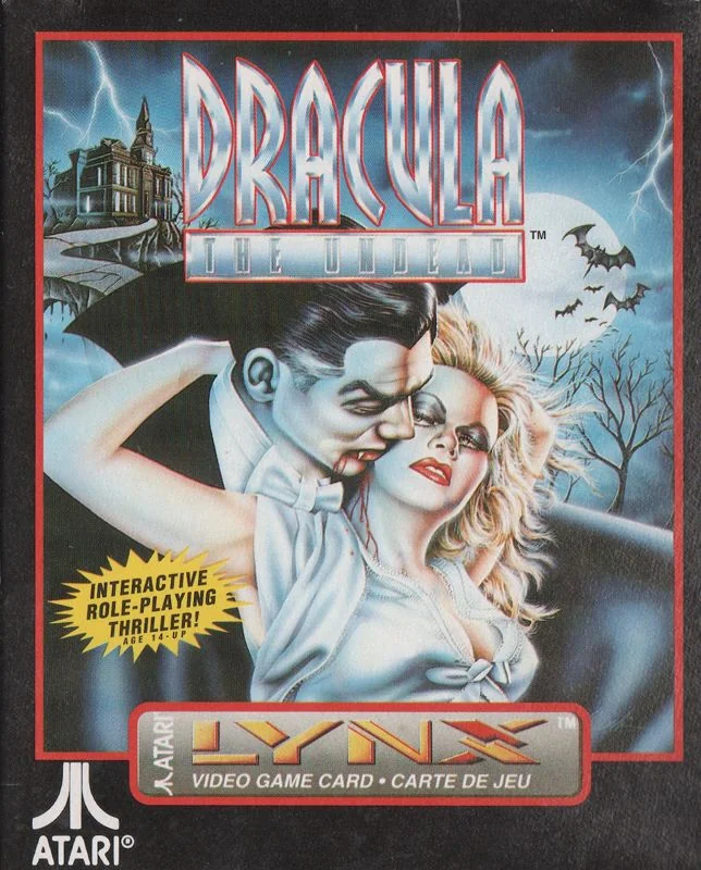 Frontal de la capsa europea de Dracula: The Undead per a l’Atari Lynx, amb un vampir al coll d’una dona davant d’un castell.
