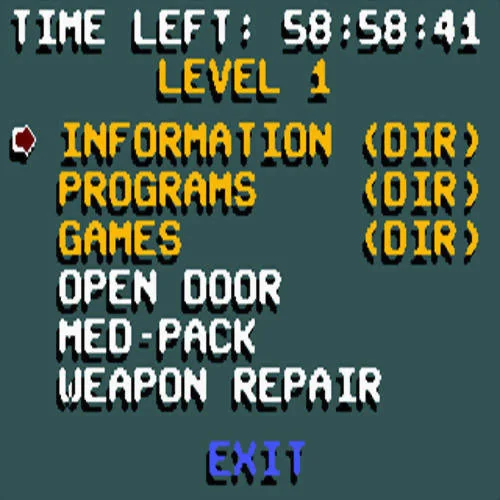 Menú del terminal amb INFORMATION, PROGRAMS, GAMES, OPEN DOOR, MED-PACK i WEAPON REPAIR sota el rellotge.
