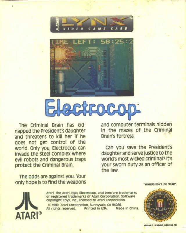 Contraportada nord-americana d’Electrocop per a Atari Lynx, amb una captura, la sinopsi i el logotip Atari.