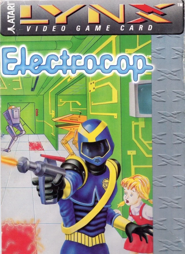Portada nord-americana d’Electrocop per a Atari Lynx: un policia amb armadura blava protegeix una nena davant de robots.