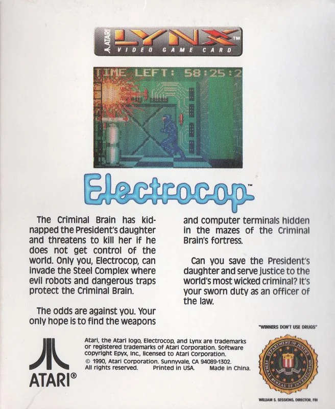 Contraportada britànica d’Electrocop per a Lynx, amb sinopsi anglesa i copyright de 1990 al peu.
