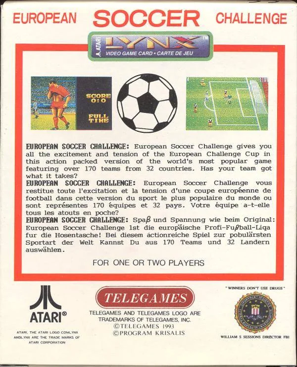 Revers de la capsa de European Soccer Challenge per a Atari Lynx, amb captures, textos multilingües i menció de Krisalis.