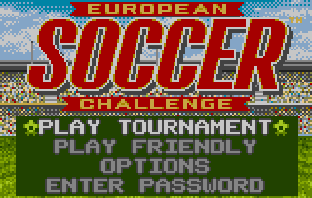 Menú principal amb Play Tournament, Play Friendly, Options i Enter Password.
