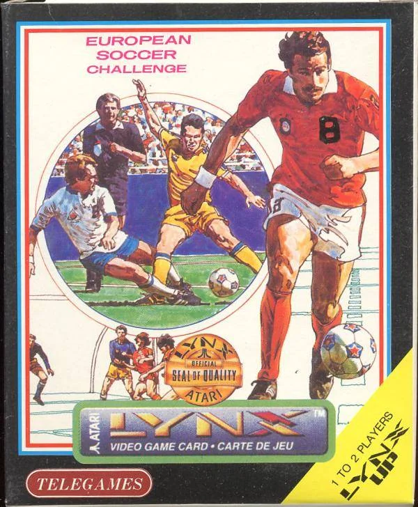 Frontal de la capsa de European Soccer Challenge per a Atari Lynx, amb futbolistes il·lustrats i logotip de Telegames.