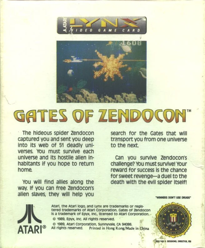 Revers de la capsa nord-americana de Gates of Zendocon per a l’Atari Lynx, amb una captura i text en anglès.