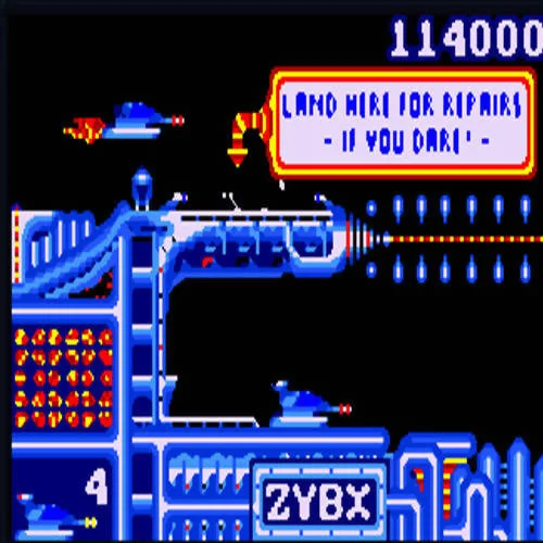 La nau sobre la base ZYBX, amb dues plataformes, un ascensor i un cartell que convida a aterrar.