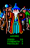 Wizard ocupa el centre de la selecció de personatges, envoltat d’altres figures, amb Speed 28, Strength 3 i Missiles 8.