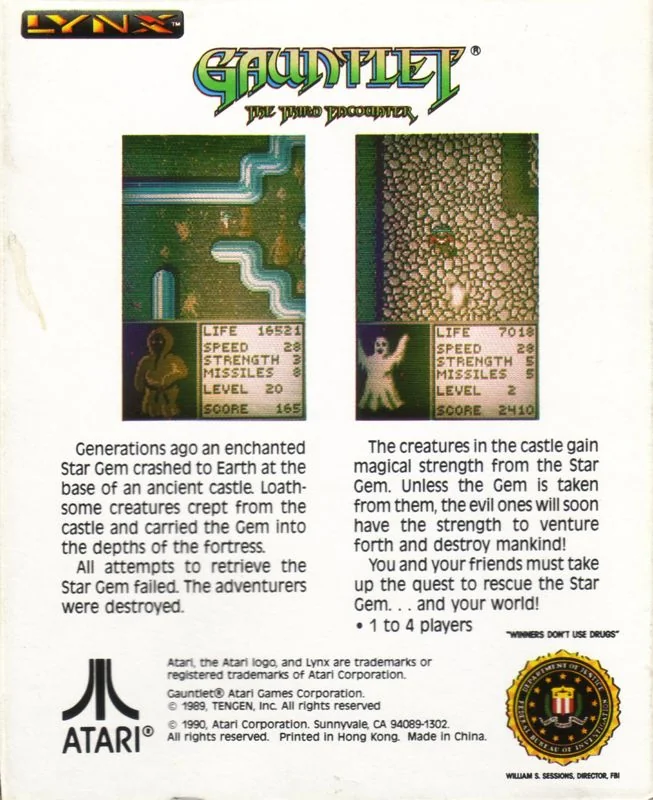 Contraportada nord-americana de Gauntlet: The Third Encounter per a Atari Lynx, amb dues captures verticals i text sobre la Star Gem.