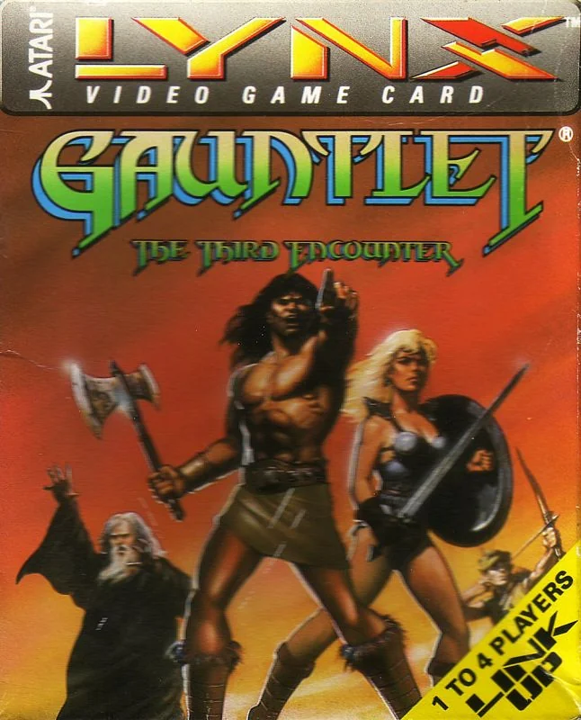 Portada nord-americana de Gauntlet: The Third Encounter per a l’Atari Lynx, amb guerrers de fantasia i la indicació d’un a quatre jugadors.