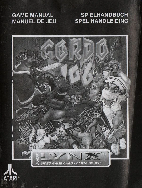 Portada del manual de Gordo 106 amb la il·lustració de la capsa en blanc i negre i encapçalaments en quatre idiomes.