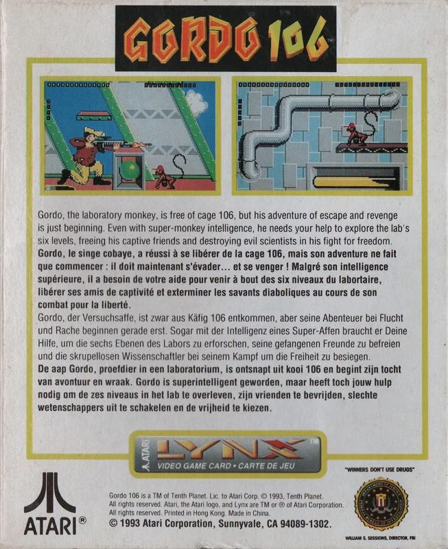 Revers de la capsa europea de Gordo 106 per a Atari Lynx, amb dues captures i quatre blocs de text.