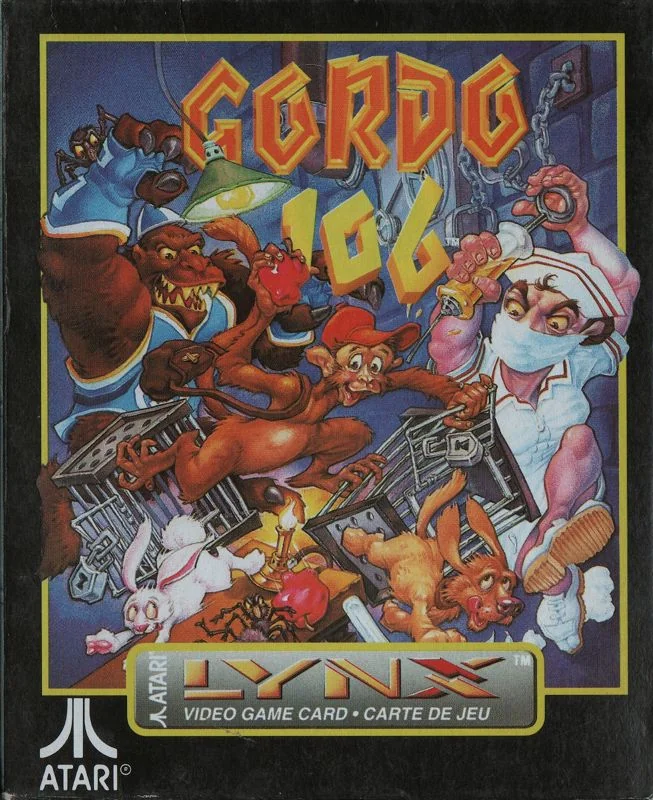 Frontal de la capsa europea de Gordo 106 per a Atari Lynx, amb el mico entre animals, gàbies i científics.