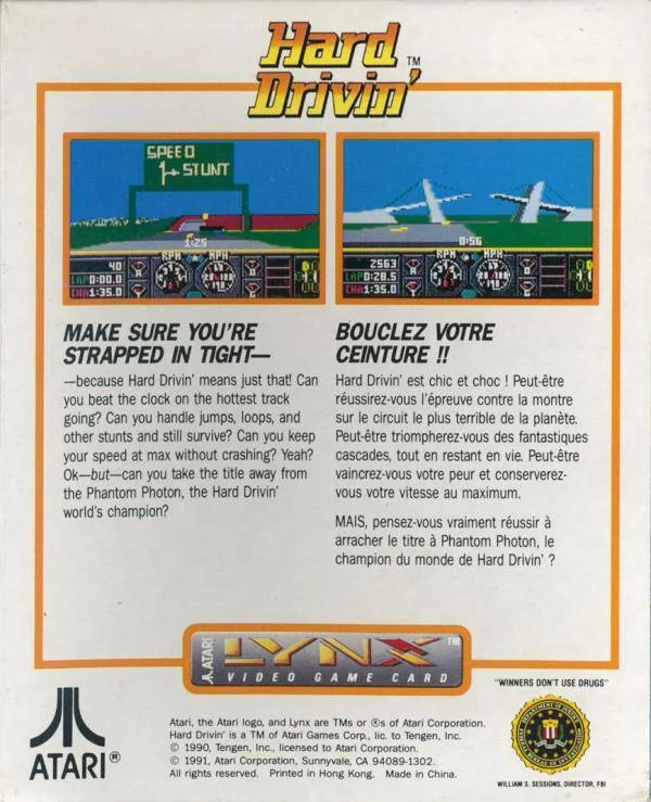 Revers de la capsa US de Hard Drivin' per a Atari Lynx, amb dues captures i textos en anglès i francès.