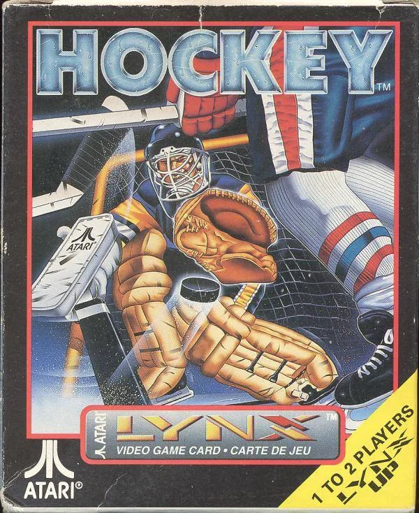 Frontal de la capsa nord-americana de Hockey per a Atari Lynx, amb un porter davant la xarxa.