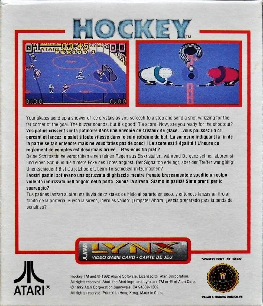 Revers de la capsa nord-americana de Hockey per a Atari Lynx, amb captures i textos en diversos idiomes.