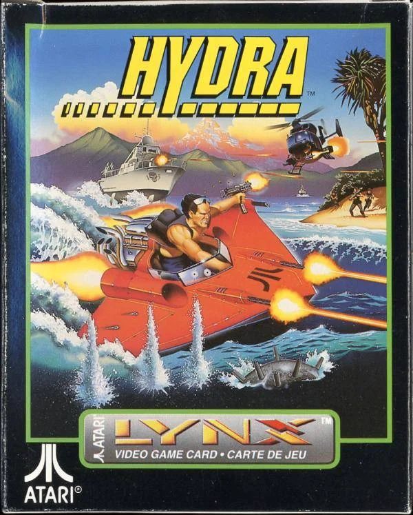 Frontal de la caixa nord-americana d’Hydra per a Atari Lynx: una llanxa vermella dispara entre un vaixell i un helicòpter.