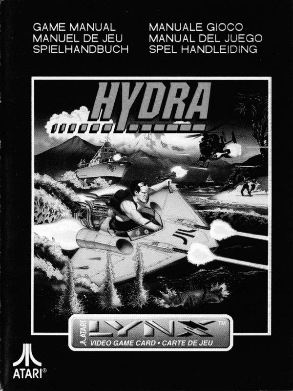 Portada en blanc i negre del manual d’Hydra per a Atari Lynx, amb la llanxa de combat i encapçalaments en sis idiomes.