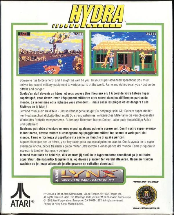 Revers de la caixa nord-americana d’Hydra per a Atari Lynx, amb dues captures i textos en diversos idiomes.