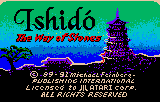Pantalla de títol d’Ishido per a Lynx amb una pagoda, muntanyes, cel verd i blau i crèdits al marge inferior.
