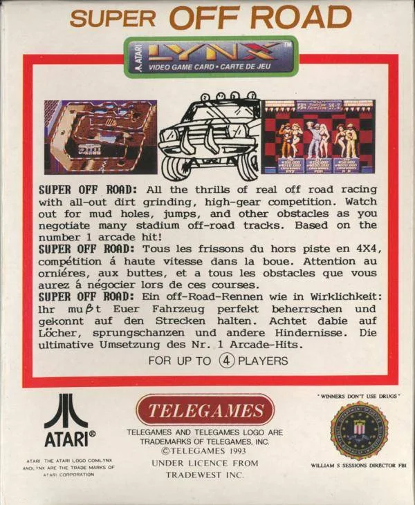 Revers de la capsa de Super Off Road per a Atari Lynx, amb dues captures i textos en tres llengües.