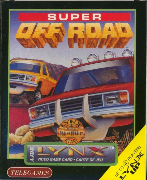 Frontal de Super Off Road per a Atari Lynx, amb dos vehicles tot terreny i el logotip de Telegames.