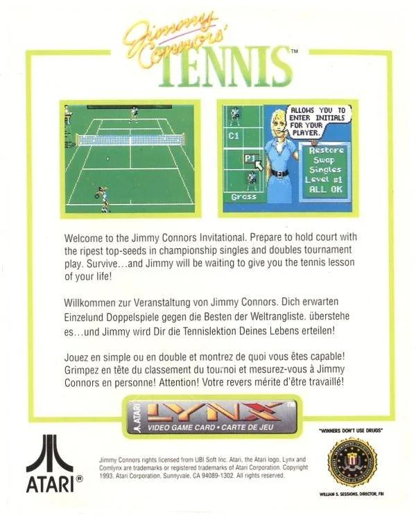 Contraportada de Jimmy Connors' Tennis per a Lynx, amb dues captures i textos en tres idiomes.