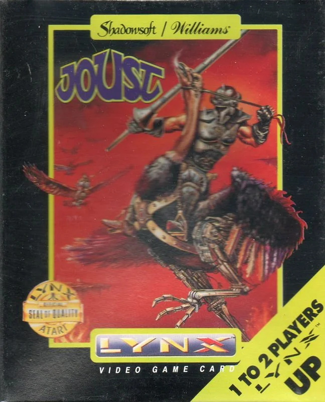 Frontal nord-americà de Joust per a Atari Lynx, amb un cavaller sobre un ocell mecànic.