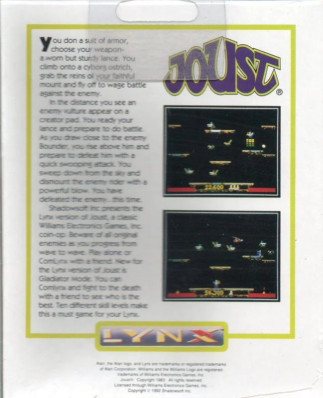 Revers nord-americà de Joust per a Atari Lynx, amb dues captures i text en anglès.