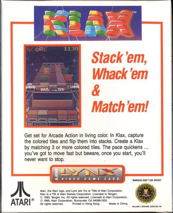 Revers de la capsa nord-americana de Klax per a Atari Lynx, amb una captura vertical i text promocional.