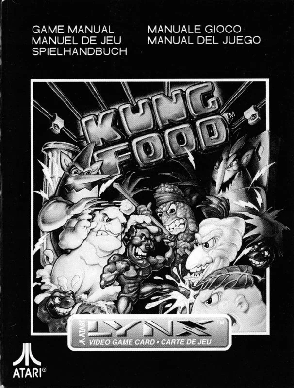 Portada en blanc i negre del manual de Kung Food, amb cinc encapçalaments lingüístics i els logotips d’Atari Lynx.