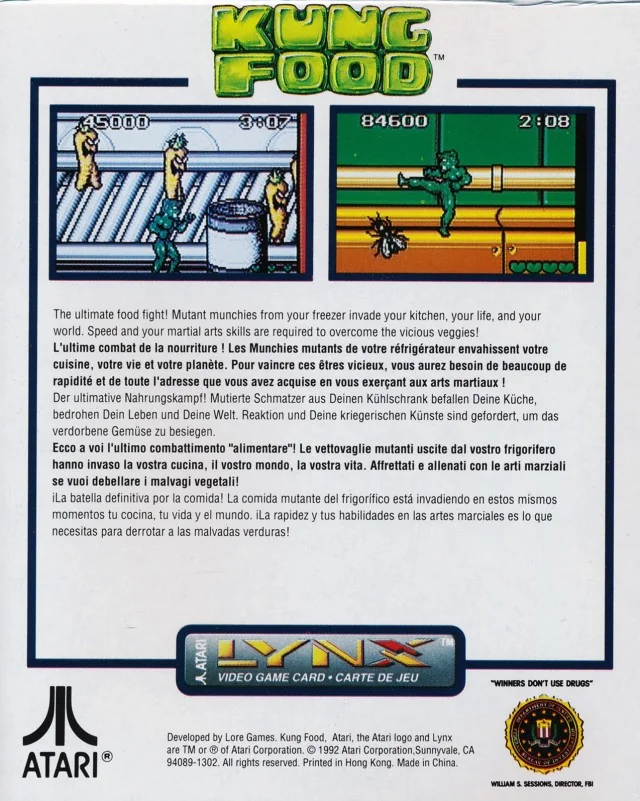 Revers de la capsa de Kung Food per a Atari Lynx, amb dues escenes de combat i descripcions en cinc llengües.