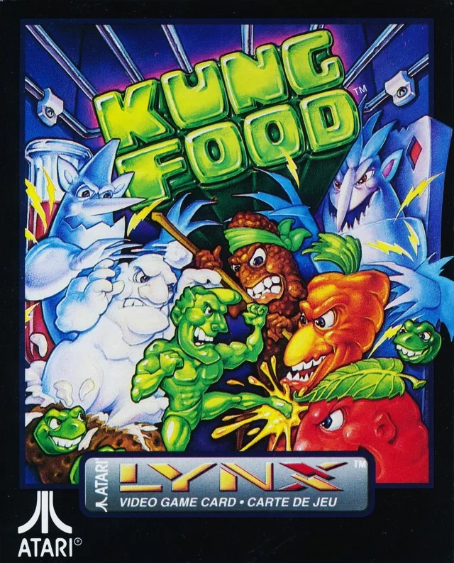 Frontal de la capsa de Kung Food per a Atari Lynx, amb el protagonista verd envoltat d’aliments i criatures de gel.