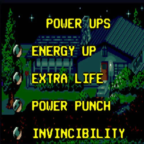 Pantalla informativa amb les quatre etiquetes Energy Up, Extra Life, Power Punch i Invincibility.