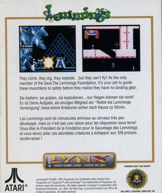 Contraportada de Lemmings per a Atari Lynx amb dues captures i textos en anglès, alemany i francès.
