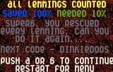 Resultats amb un 100 % de lemmings salvats, un objectiu del 10 % i una contrasenya per continuar.