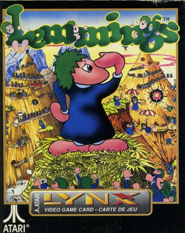 Portada de Lemmings amb un personatge de cabells verds al centre i el distintiu Atari Lynx a la part inferior.