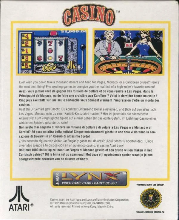 Revers de la capsa nord-americana de Lynx Casino per a Atari Lynx, amb captures de ruleta i escurabutxaques.