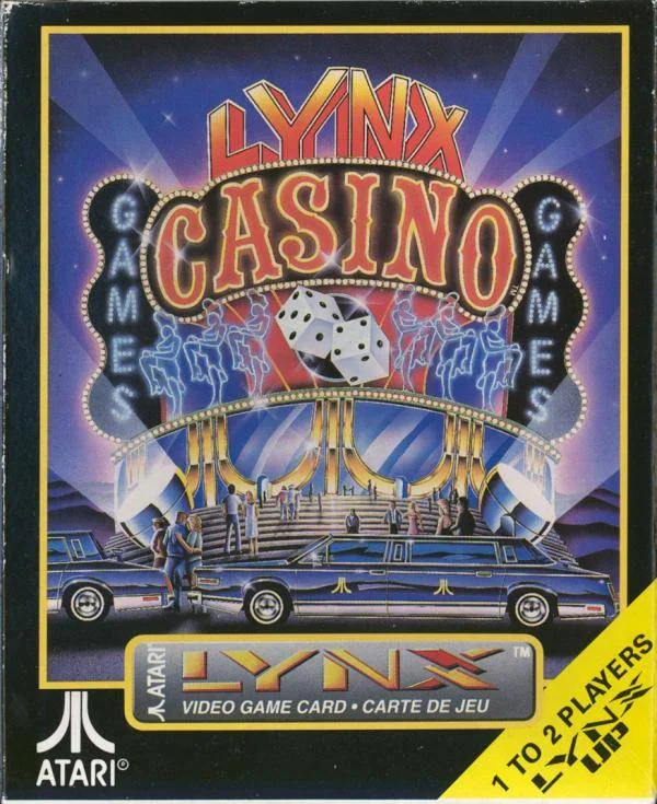 Frontal de la capsa nord-americana de Lynx Casino per a Atari Lynx, amb un casino il·luminat, daus i una limusina.