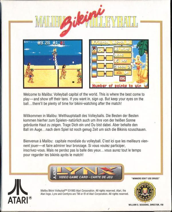 Contraportada de Malibu Bikini Volleyball per a Atari Lynx, amb dues captures i textos en anglès, alemany i francès.