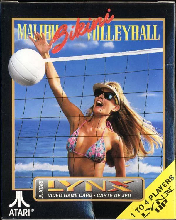 Portada nord-americana de Malibu Bikini Volleyball per a Atari Lynx, amb una jugadora que arriba a una pilota davant la xarxa.