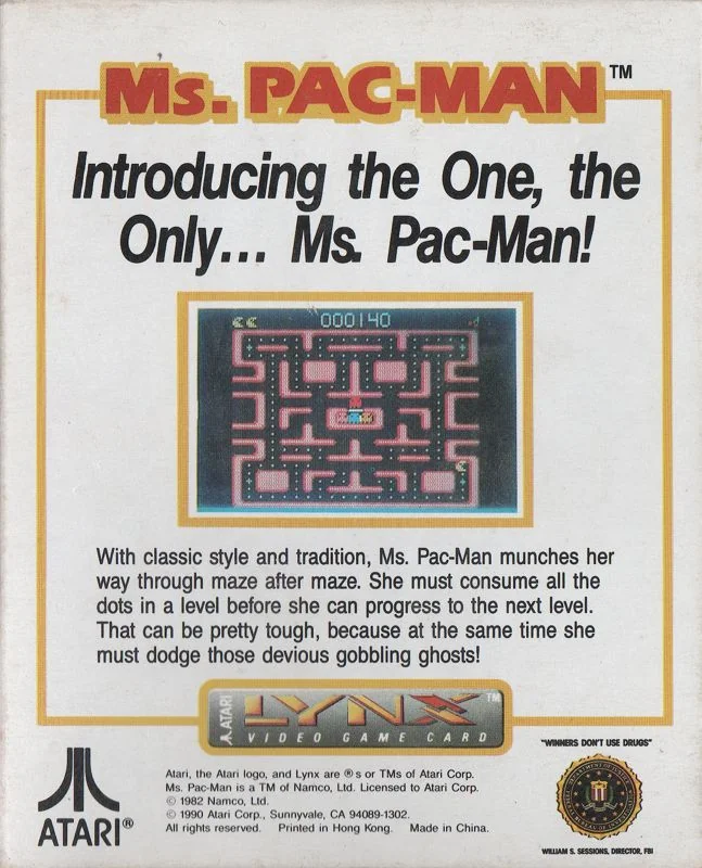 Revers de la capsa nord-americana de Ms. Pac-Man per a Atari Lynx, amb un laberint rosa i text promocional.