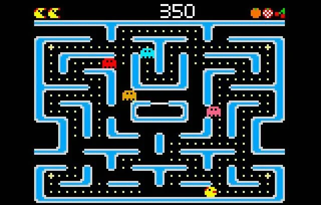 Laberint blau complet amb quatre fantasmes, el marcador de 350 i Ms. Pac-Man a la part inferior.