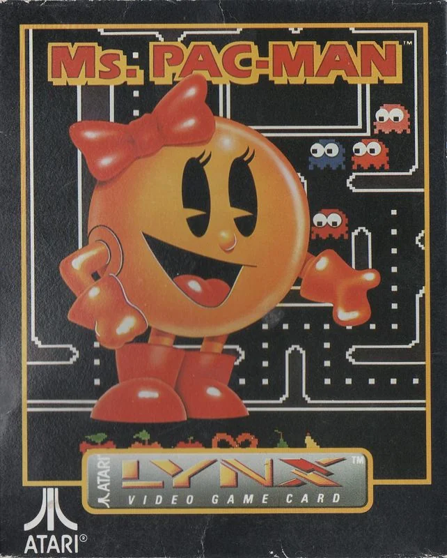 Frontal de la capsa nord-americana de Ms. Pac-Man per a Atari Lynx: la protagonista porta un llaç vermell davant d’un laberint.