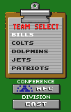 Selector d’equips amb Bills, Colts, Dolphins, Jets i Patriots, i controls de conferència i divisió.