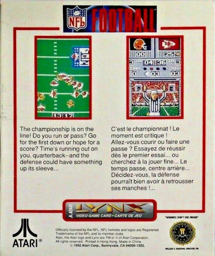 Revers de la caixa nord-americana de NFL Football per a Atari Lynx, amb dues captures verticals i textos en anglès i francès.