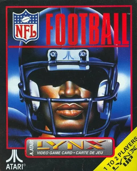 Frontal de la caixa nord-americana de NFL Football per a Atari Lynx, amb un jugador amb casc i la indicació d’un o dos jugadors.