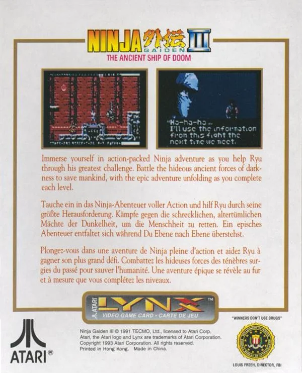 Contraportada europea de Ninja Gaiden III per a l’Atari Lynx amb dues captures i textos en anglès, alemany i francès.