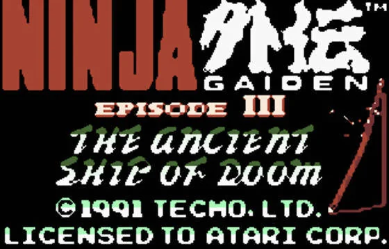 Pantalla de títol amb el logotip, el subtítol The Ancient Ship of Doom, copyright de Tecmo i llicència a Atari.