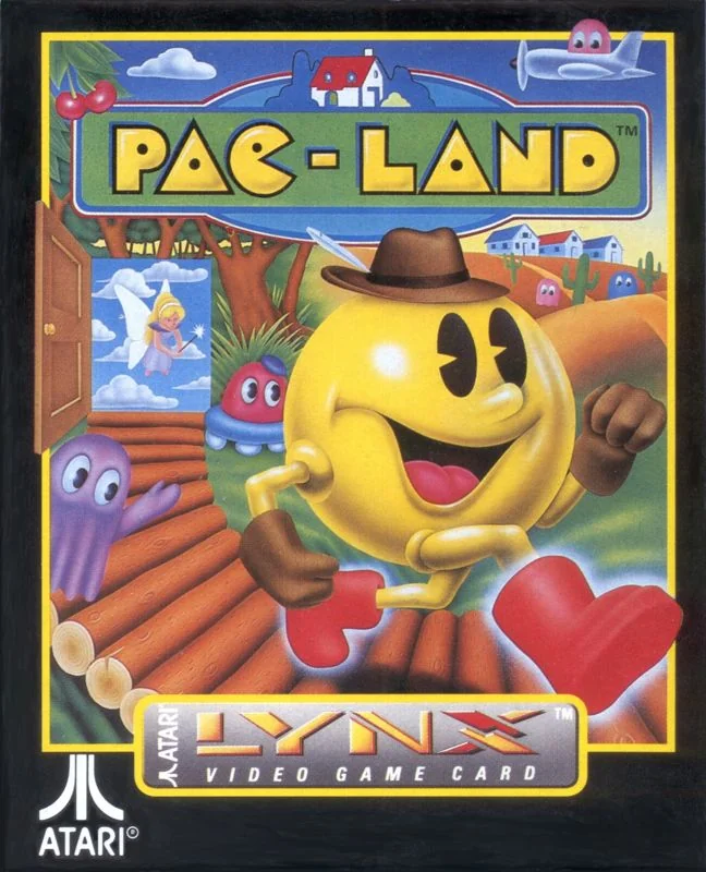 Portada nord-americana de Pac-Land per a Atari Lynx, amb Pac-Man, que duu un barret, una fada i fantasmes.