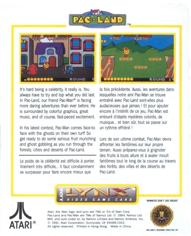 Contraportada nord-americana de Pac-Land per a Atari Lynx, amb dues captures i text en anglès i francès.